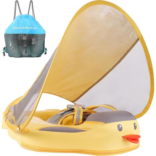 Mambobaby Float Add Tail Baby Swim Float with Canopy, Non-Inflatable Solid Baby Float, Upgrade Soft Waterproof Skin-Friendly Leather Material Infant Swim Float (Special Edition Yellow)