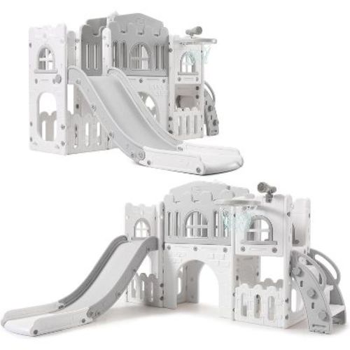 8 in 1 Toddler Slide Indoor Playground,Indoor Slide Toddler Playset for Toddlers 1-3,Kids Outdoor Playground with Slide,Basketball Hoop,Climber,Gray