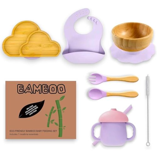 Bamboo Suction Plate and Bowl Set for Babies 7 Feeding Essentials Baby Led Weaning Supplies BPA Free Eco-Friendly (Purple)