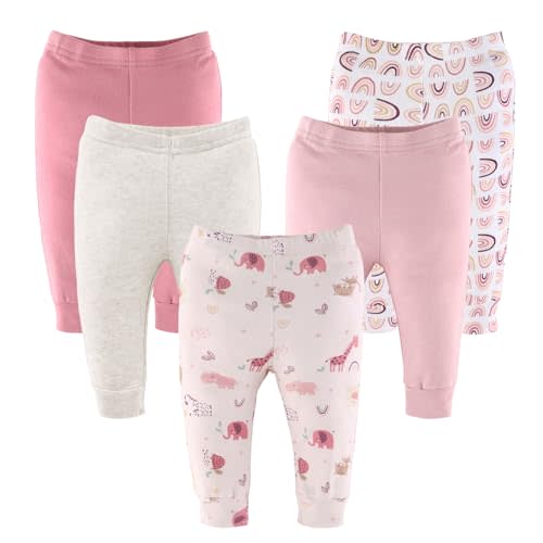 The Peanutshell 5 Pack Baby Girl Pants Set - 100% Cotton Toddler Pants, Sizes 0-24 Months - Rainbow Safari