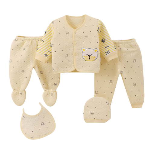 Povozer Baby Boy Shower Gift Set Fashion 5PCS Baby Boys Girls Cartoon Tops+Hat+Pants+Bib Outfits Sleepwear Set for 0-3 Months,Yellow