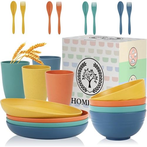 Wheat Straw Plates and Bowls Sets Unbreakable Dinnerware Set 20 PCS Dish Set for Camping, Party, Picnic Microwave and Dishwasher Safe Kitchen Dinner Set Apartment Essentials (Multicolor)