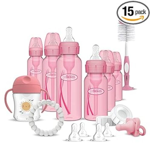 Dr. Brown's Anti-Colic Options+ Special Edition Pink Baby Bottle Gift Set with Sippy Spout Cup, Happy Paci Pacifier, Teether, Bottle Brush and Travel Caps (Pacifier/Teether Style May Vary)