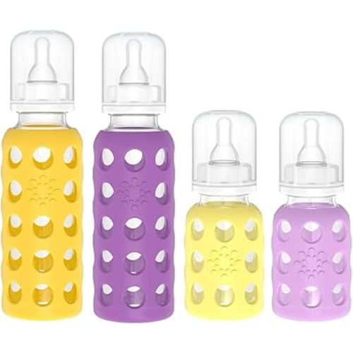 Lifefactory Glass Baby Bottle BPA Free | Protective Silicone Sleeve| 4 oz & 9 oz Pack of 4 | Banana, Mango, Lavender, Grape