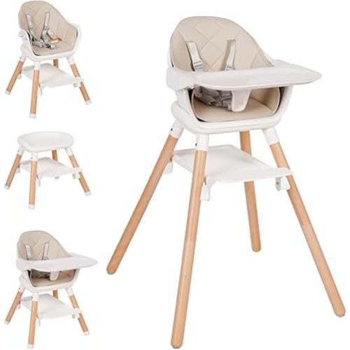 High Chair, 6 in 1 Wooden Convertible High Chairs for Babies and Toddlers, Booster Seat with Double Tray & Reversible Footrest Baby Highchair, 5-Point Harness Baby Feeding Chair, Beige