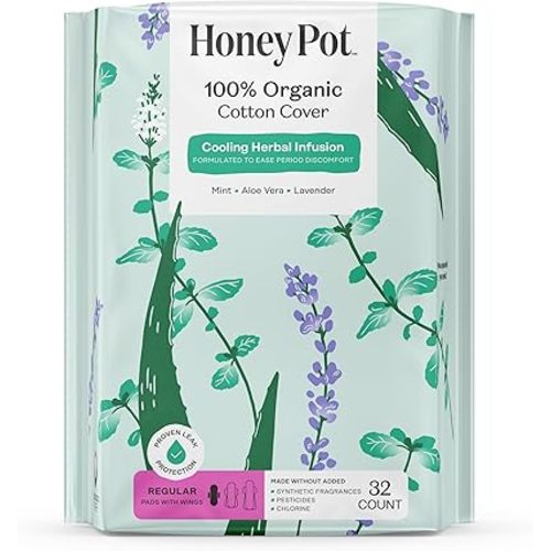 Honey Pot - Herbal Sanitary Pads for Women - Regular Flow w/Wings - Infused w/Essential Oils for Cooling Effect & Organic Cotton Cover – Medium Pack - Feminine Care - 32 ct