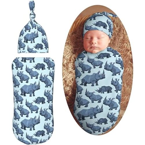 Cartoon Animal African Rhinos Newborn Swaddle Blankets Hat Sets Soft Baby Receiving Blanket Swaddle Sack for Baby Shower Infant Boy Girl Gift