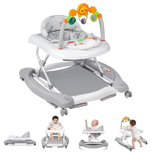 Baby Walker, 5 in 1 Baby Walkers for Boys Girls 6-12 Months, Foldable Walkers for Babies with Bouncer & Feeding Tray, Music, Adjustable Heights, Activity Walker for Infant