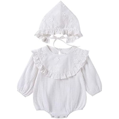 Baby Girl Fall Clothes Outfits Cute Long Sleeve Ruffles Embroidered Bubble Romper Lapel Jumpsuit Bodysuit with Hat