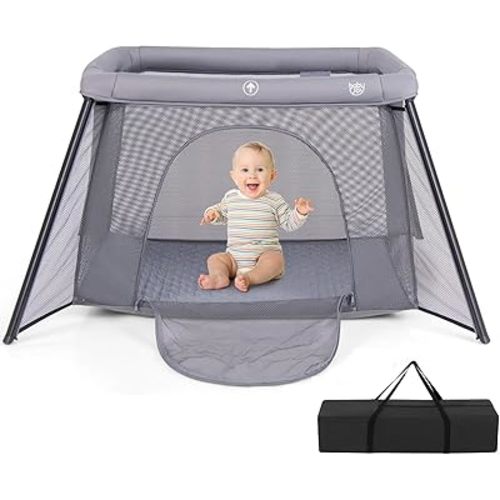 BABY JOY 2 in 1 Travel Crib, Portable Baby Playpen with Soft Washable Mattress, Foldable Pack and Play Lightweight Installation-Free Home Playard with Carry Bag, for Infants & Toddlers Indoor Outdoor