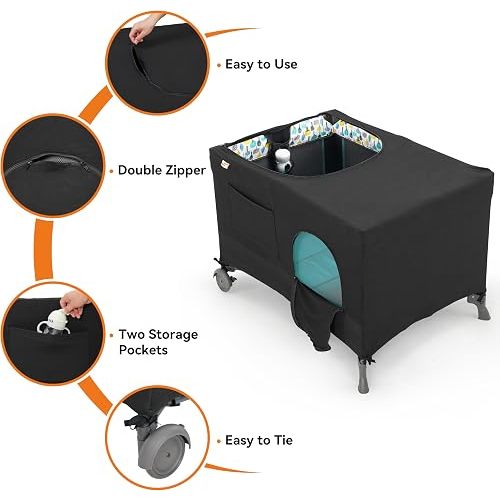 Pamo Babe Blackout Cover, Breathable Dark Cover for Pack and Play, Foldable & Stretchy Blackout Netting with Zippered Mesh for Travel Playard