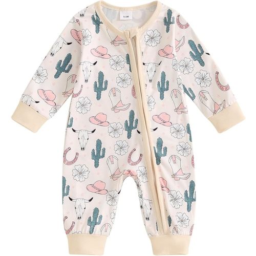 SAYOO Western Boots Baby Cowgirl Clothes Zipped Fall Romper Outfit for Newborn Girl Cow Print Bow Print One-piece Jumpsuit