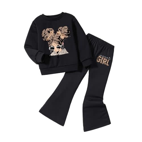 Nivne Tco Toddler Girls Clothes Set - Cartoon Graphic Print Sweatshirt & Flare Leg Pants - Cute Girl 2 Piece Outfits