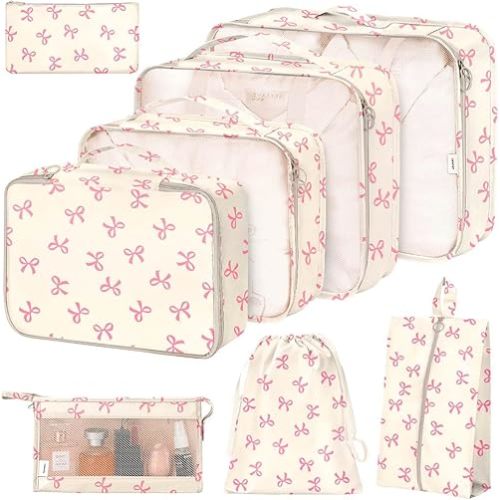8 Set Packing Cubes for Suitcases,Suitcase Organizer with Shoe,Cosmetics,Clothing, and Accessories Bags for Travel Luggage Organizer Women Men(Pink Bows)