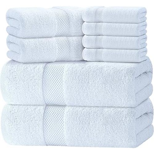 Luxury White Bath Towel Set of 8 Pieces - 100% Turkish Cotton 700 GSM Highly Absorbent Towels for Bathroom, 2 Bath Towels, 2 Hand Towels, 4 Washcloths