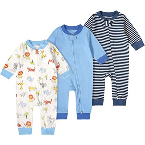 Teach Leanbh Baby Boys Girls 3 Pack Footless Pajamas Cotton Long Sleeve 2 Way Zipper Romper Sleep and Play