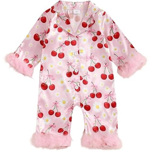 Kavousa Newborn Baby Girl Birthday Satin Pajamas Bow Cake Romper Button Down One-Piece Jumpsuit Sleeper Infant Silk Sleepwear