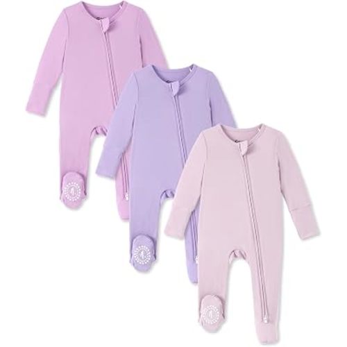 PATPAT 3 Pack Bamboo Viscose Baby Footed Pajamas with Anti-Grips, NB-2T