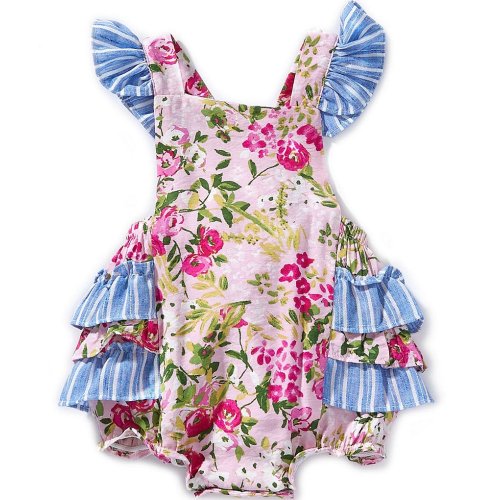 Bonnie Jean Baby Girls Flutter Sleeve Floral Striped Mixed Media Printed Bubble Romper