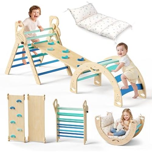 Pikler Triangle Set, Indoor Toddler Climbing Toy for 1-7Y, Blue