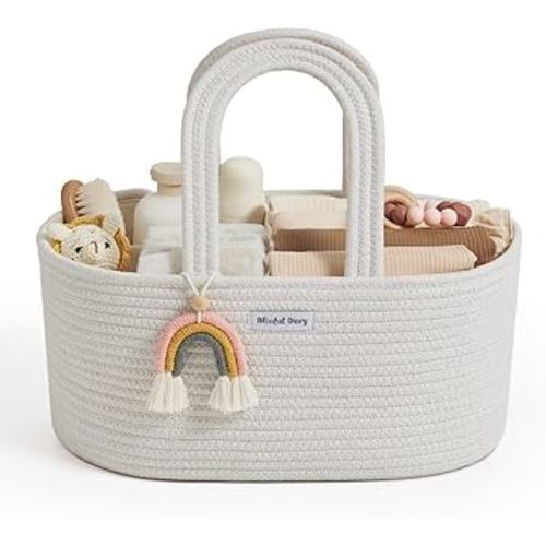 Blissful Diary Baby Diaper Caddy Organizer, Cotton Rope Diaper Caddy Basket, Oval Storage Basket, Gift for Baby Shower, Newborn Essentials, Beige