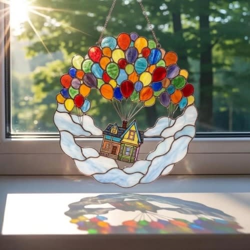 Up House Balloon Suncatcher, Disney Pixar Up Window Hanging, Colorful Balloon House Decor, Whimsical Movie Gift