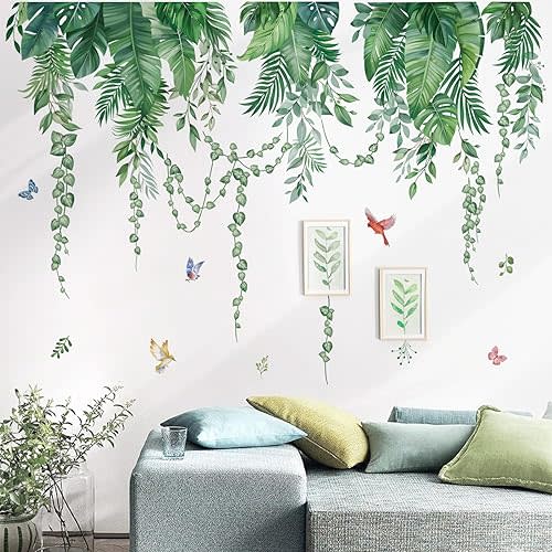 wondever Green Tropical Leaves Wall Stickers Hanging Vines Palm Leaf Plants Peel and Stick Wall Art Decals for Bedroom Living Room Sofa