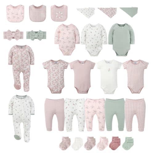 Cottage Floral 28pc Layette Baby Clothes Set, 0-9M Baby Girl Clothes Gift | 100% Cotton, Mix and Match, Footie Pajamas, Bodysuits, Bibs, Headbands, Socks, Cottagecore Baby Set, Retro Floral Outfit