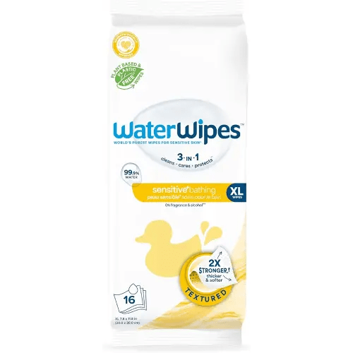 WaterWipes Sensitive+ Bathing Wipes, 3-In-1 Cleans, Cares, Protects, 99.9% Water, Unscented & Hypoallergenic, 16 Count (6 Pack)