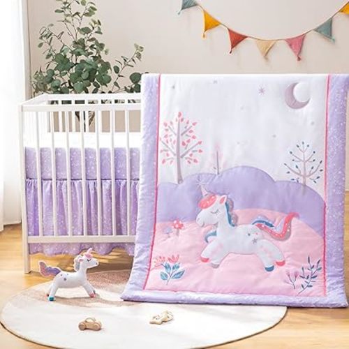 4-Piece Crib Bedding Set for Boys Girls, Infant Toddler Nursery Baby Bedding Sets Includes Cartoon Quilt, Fitted Crib Sheet, Crib Skirt and Plush Unicorn Toy