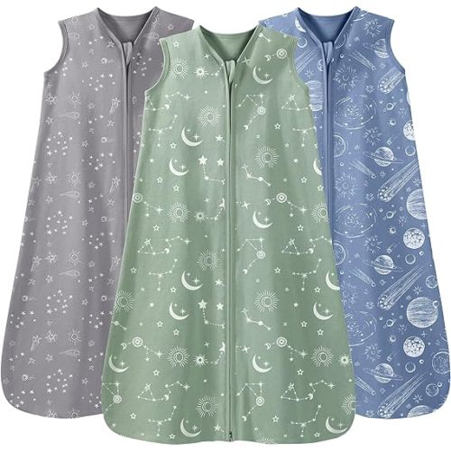Baby Sleep Sack 0-6 Months 3 Pack 100% Cotton Lightweight 0.5 TOG Wearable Blanket Baby Sleep Bag with 2-Way Zipper for Newborn Infant