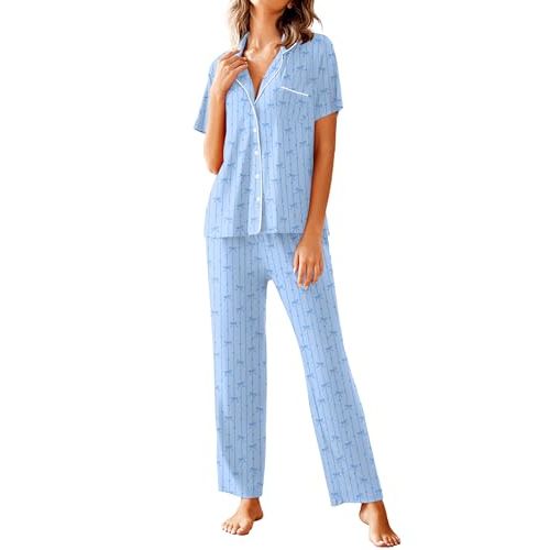 Avidlove Women Pajamas Set Notch Collar Soft Sleepwear Pjs Short Sleeve Button Down Nightwear with Long Pants