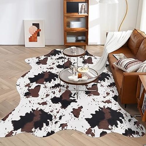 Cow Hide Faux Cowhide Rug,Cow Print Rugs for Bedroom Living Room 4.6 x 5.2 Feet Cute Animal Print Skin Carpet for Western Home Decor