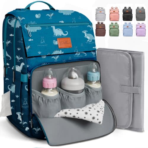 Baby Diaper Bag Backpack - Large Waterproof Travel Diaper Bag for Boys & Girls, 16 Organizer Pockets with Changing Pad, Insulated Bottle Pockets & Stroller Straps, Baby Shower Gifts, Dinosaur