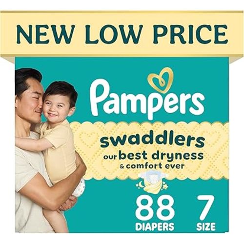 Pampers Swaddlers Diapers, Size 7 (26-50 lbs), 88 Count, Hypoallergenic, Absorbent, Keeps Baby Dry and Comfortable, Skin Safe Disposable Baby Diaper