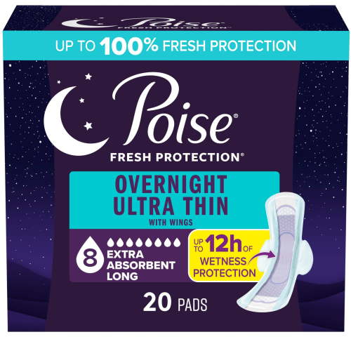 Poise Overnight Ultra Thin Incontinence Pads with Wings, 8 Drop Extra Absorbent, 20 Count