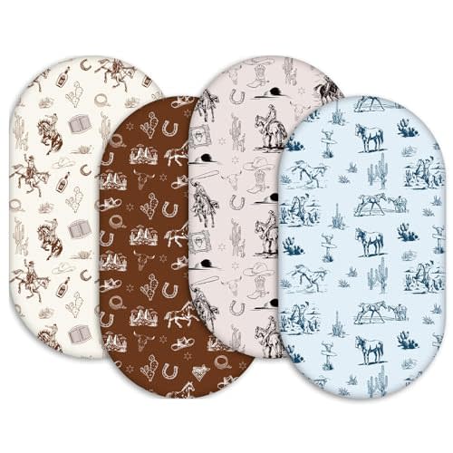 4 Pack Vintage Western Cowboy Bassinet Sheets, 32x16x3.9 Inches Soft Breathable Fitted Crib Sheets for Standard Bassinets, Cute Printed Newborn Bedding for Baby Boys & Girls
