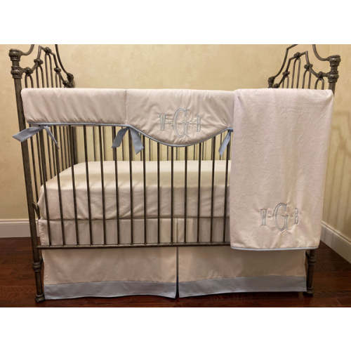 White with Pale Blue Baby Boy Crib Bedding - Single Scalloped Rail Cov - Just Baby Designs