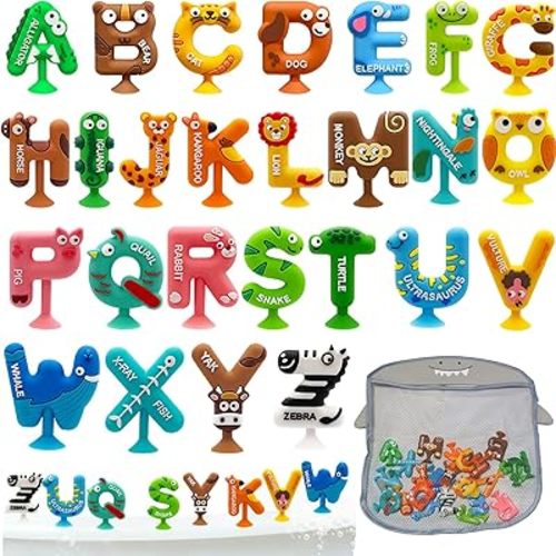 26PCS Suction Bath Toys Mold-Free | Bathtub Letters & Animal Sensory Toys with Shark Storage Organizer for Toddlers | Education Games | No Hole Silicone ABC Alphabet Learning Toys for Kids Ages 3-5