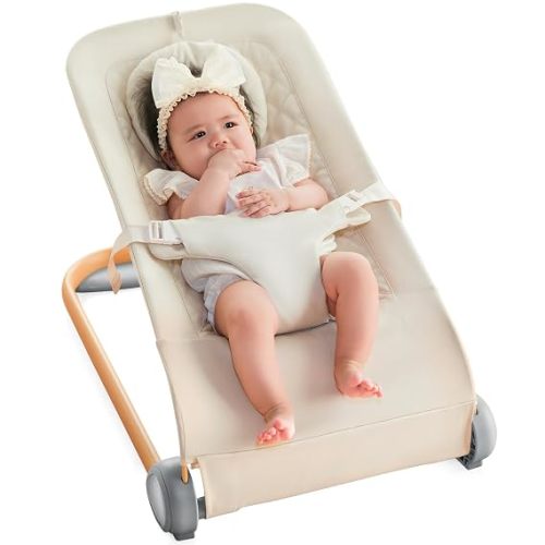 Fodoss Baby Bouncer, Portable Bouncer Seat for Babies-Beige