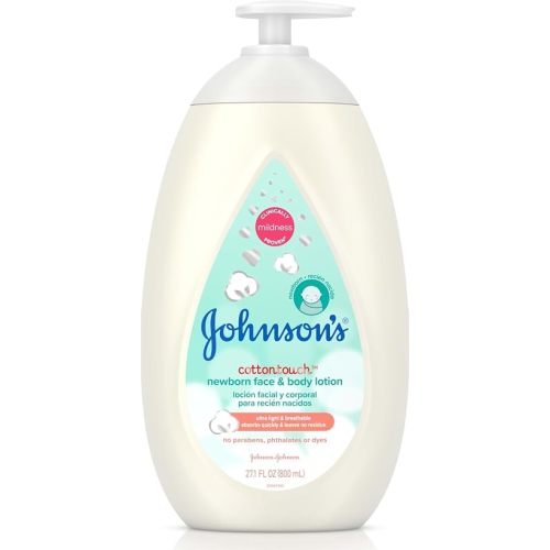 Johnson's CottonTouch Newborn Baby Face and Body Lotion, Hypoallergenic Moisturization for Baby's Skin, Made with Real Cotton, Paraben-Free, Sulfate-Free, Dye-Free, 27.1 fl. oz