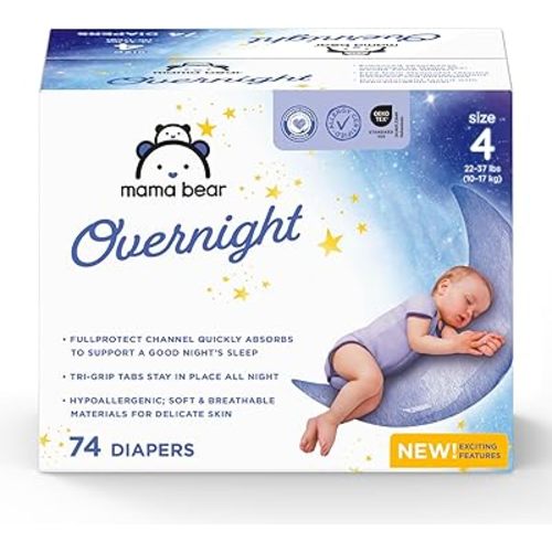 Amazon Brand - Mama Bear Overnight Baby Diapers with Leak Protection, Fragrance-Free, Size 4, 74 Count, Nighttime Protection, Leakproof with Leak Guards