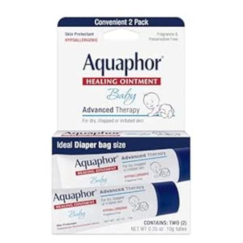 Aquaphor Baby Healing Ointment Advanced Therapy Skin Protectant for Chapped or Dry Skin, Drool Rash and Diaper Rash Ointment, Hypoallergenic Baby Essentials, Travel Size, 0.35 Oz Tube, Pack of 2