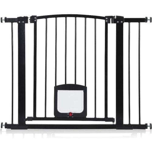 Upgrade Pet & Baby Safety Gate with Cat Flap , Pressure Mounted, Auto-Close, Double Lock, Drill-Free Metal Barrier for Stairs & Doorways, Black