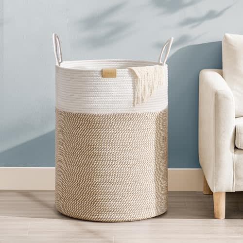 Nunsino Laundry Hamper 95L,Large Laundry Basket for Clothes,Decorative Storage Basket for Blankets,Cotton Rope Woven basket for bedroom,Brown White