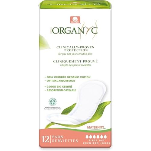 Organyc Hospital Postpartum Pads, 100% Certified Organic Cotton Inside and Out for Women, for First Days After Delivery, 12 Counts