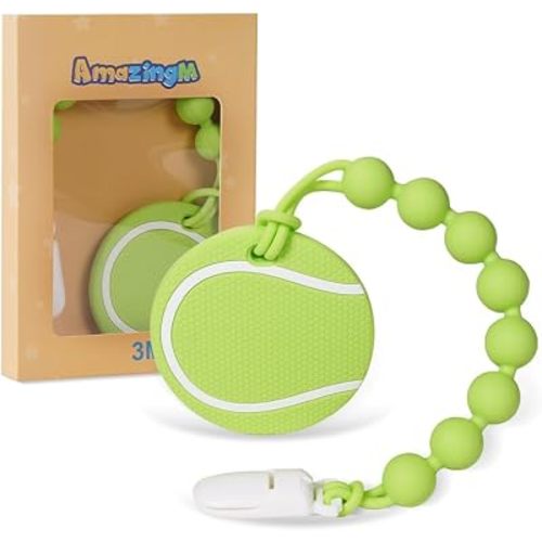 Baby Tennis Silicone Teether Toy with Pacifier Clip,BPA Free