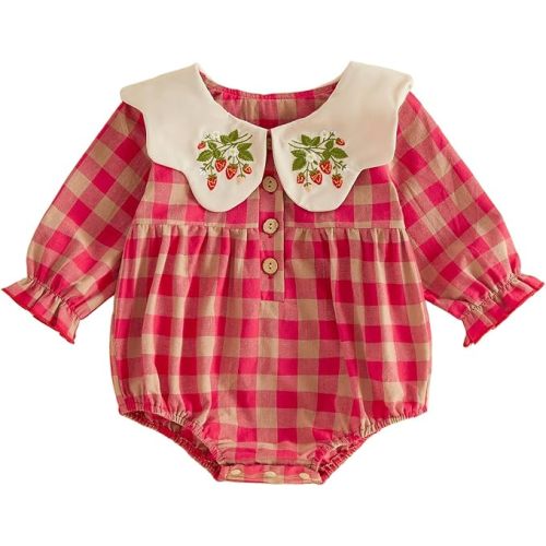 Baby Girl Bubble Romper Long Sleeve Collar Embroidered Bodysuit