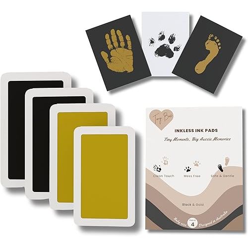 4-Pack Inkless Hand and Footprint Kit - Ink Pad for Baby Hand and Footprint Kit - Pet Paw Print Kit - Inkless Baby Footprint Kit Handprint Kit - Baby Inkless Print Kit - Newborn Essentials Baby Gifts - Gold & Black