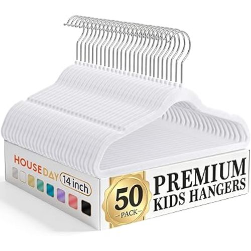 HOUSE DAY 14 Inch Kids Velvet Hangers 50 Pack, Durable Big Kids Hangers for Youth,Teen, Non Slip Kid Felt Hanger, Cute Childrens Hanger for Closet, White